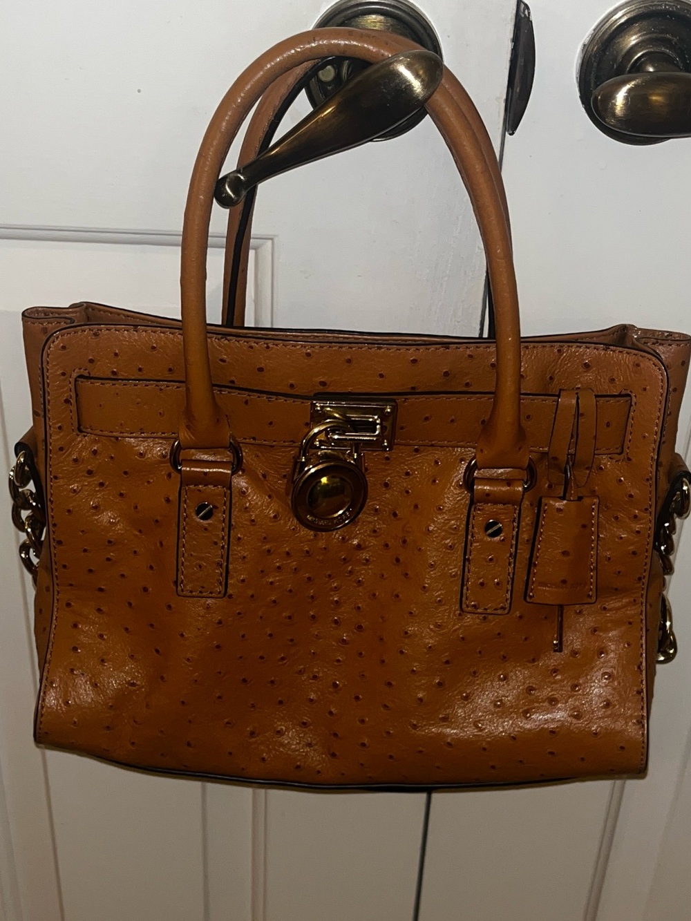 Michael Kors Cognac Ostrich-Embossed Satchel with Gold Hardware
